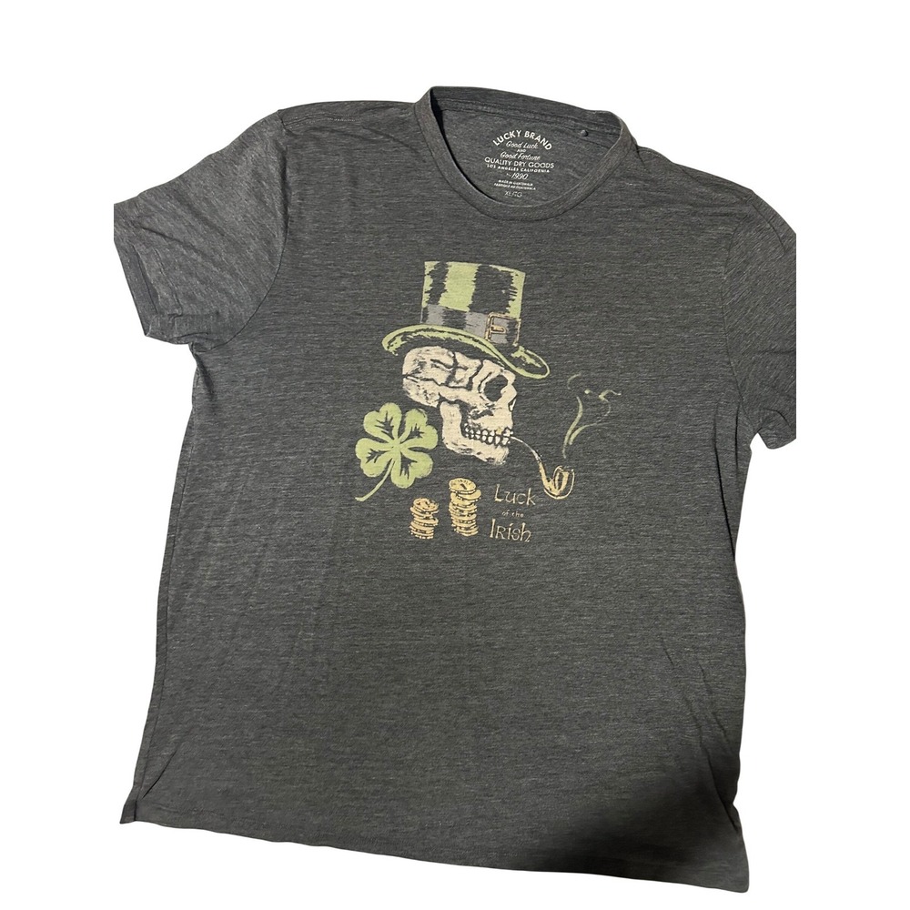 Lucky Brand Mens XL Luck of the Irish Skull Leprechaun Graphic T-Shirt Gray